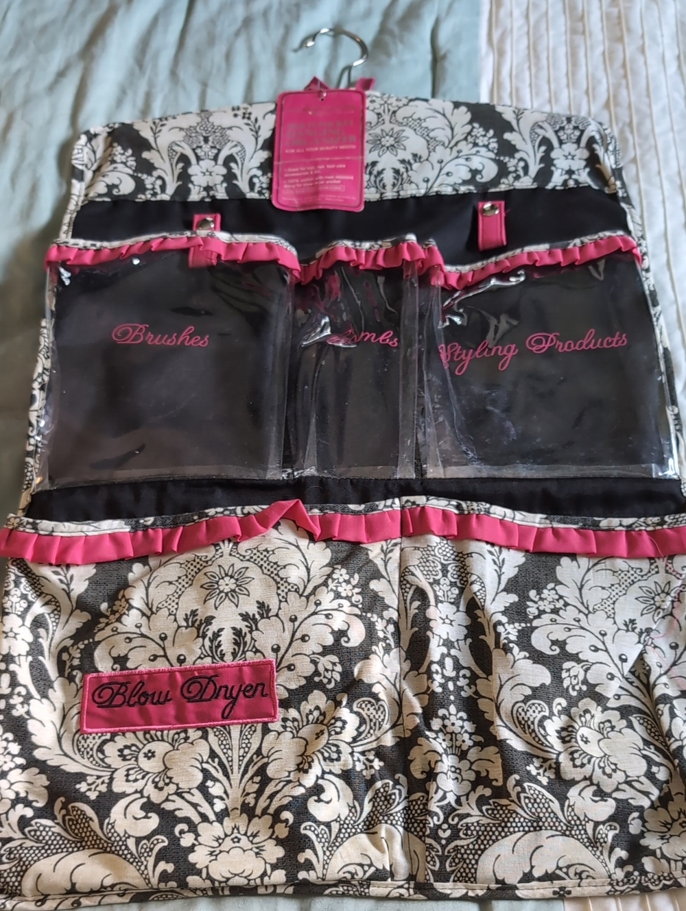 Hanging Travel Organizer for Brushes & Styling Tools - Black and Pink